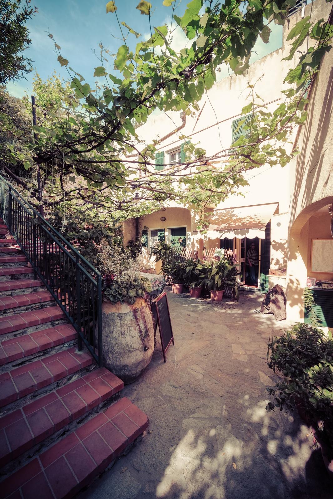 Cortile d'ingresso con scalinata in cotto, pergolato di vite e botte
